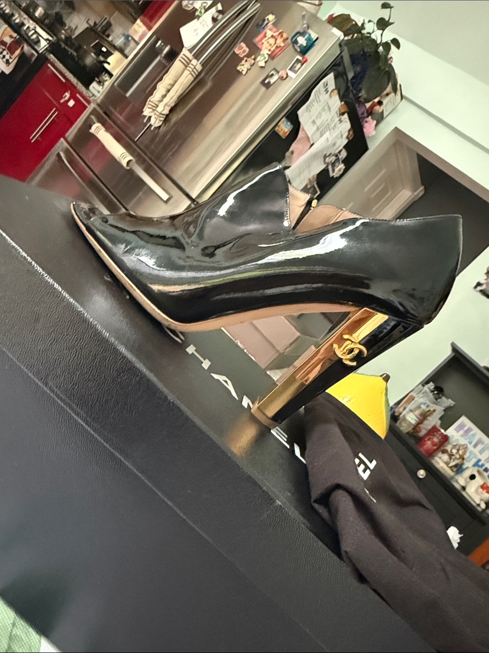 CHANEL Black Patent Leather Pointed Block Heel Pumps with Gold CC Accent